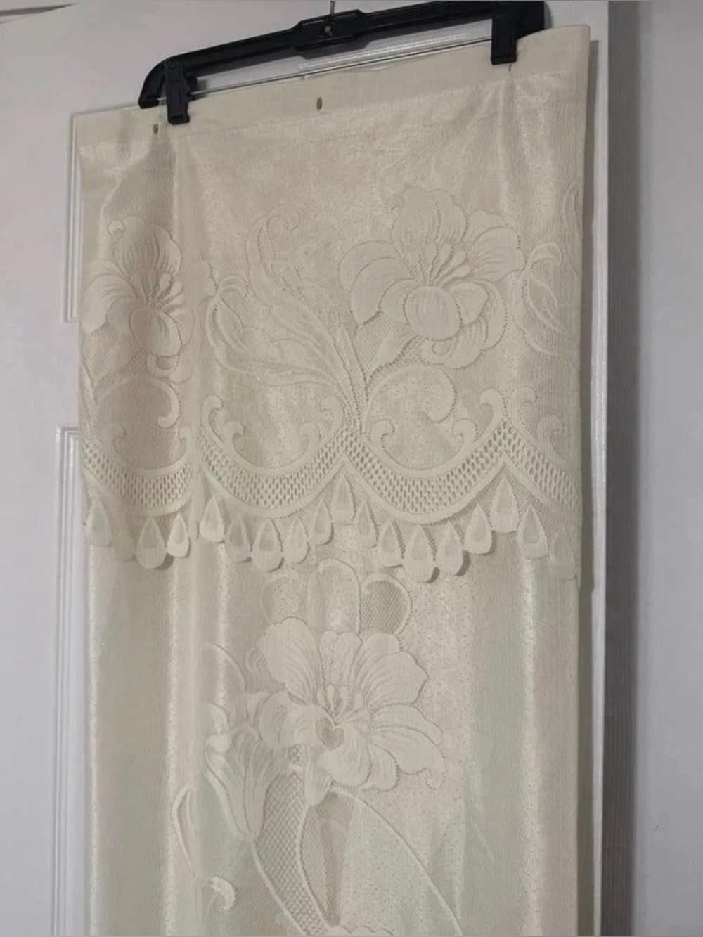 Lace Shower Curtain cream-colored with an attached scalloped valance.